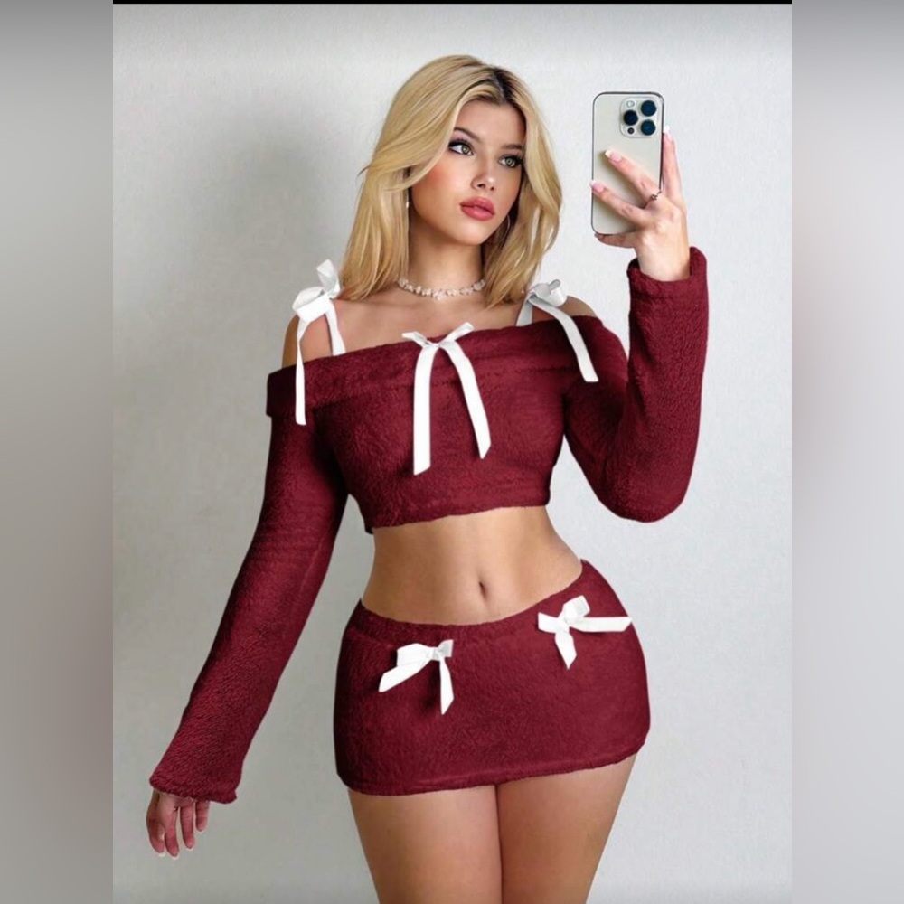 SHEIN Burgundy and White Two-Piece Set